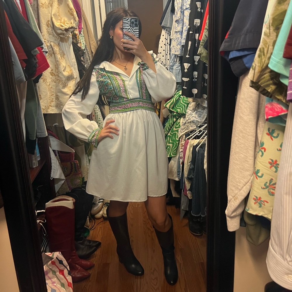 1970s Green Paisley and White Dress